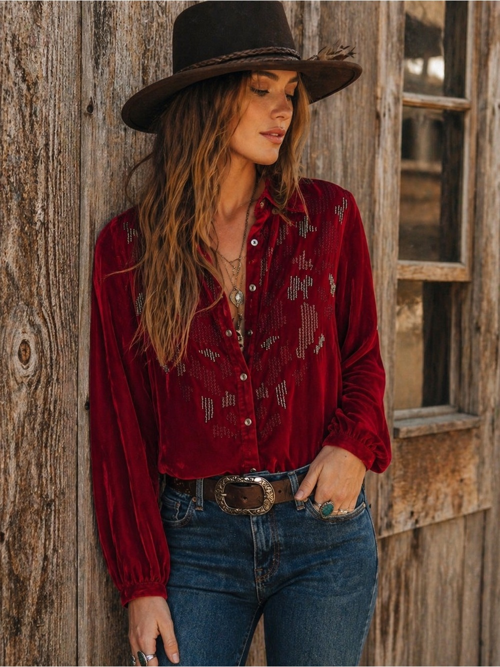 Sundance Red Velvet Beaded & Embroidered Button Down XS Boho Western Cowgirl